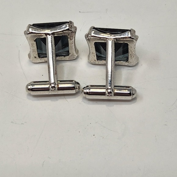 Sterling Silver Green Square Crystal Cufflinks Vintage Mens Accessory Jewelry - Picture 4 of 6